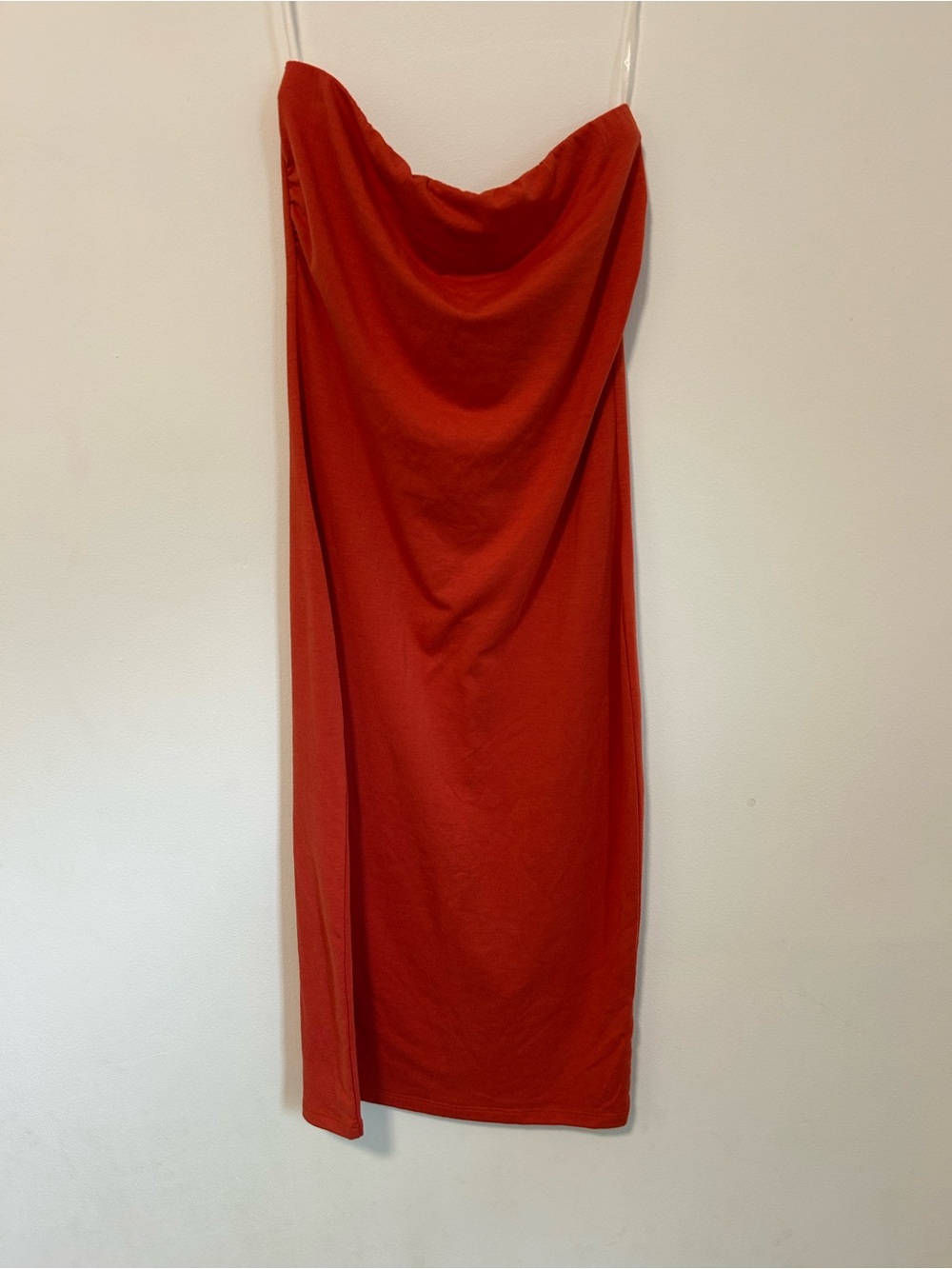 Absolutely Strapless Burnt Orange Cowl Midi Dress